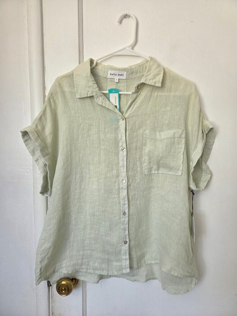 Bella Dahl Light Green Linen Button-Up Short Sleeve Shirt Large